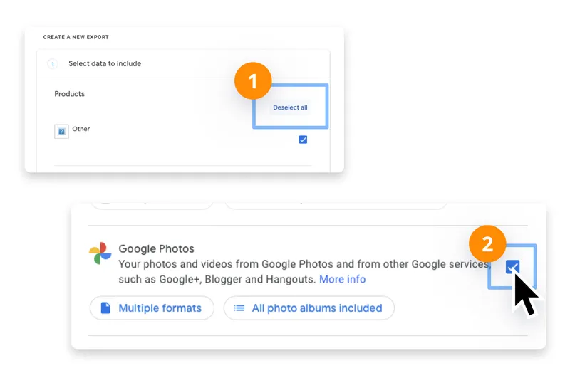 Google Takeout interface showing how to deselect all and select only Google Photos