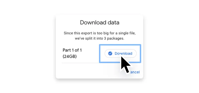 Google Takeout download dialog showing the Download button
