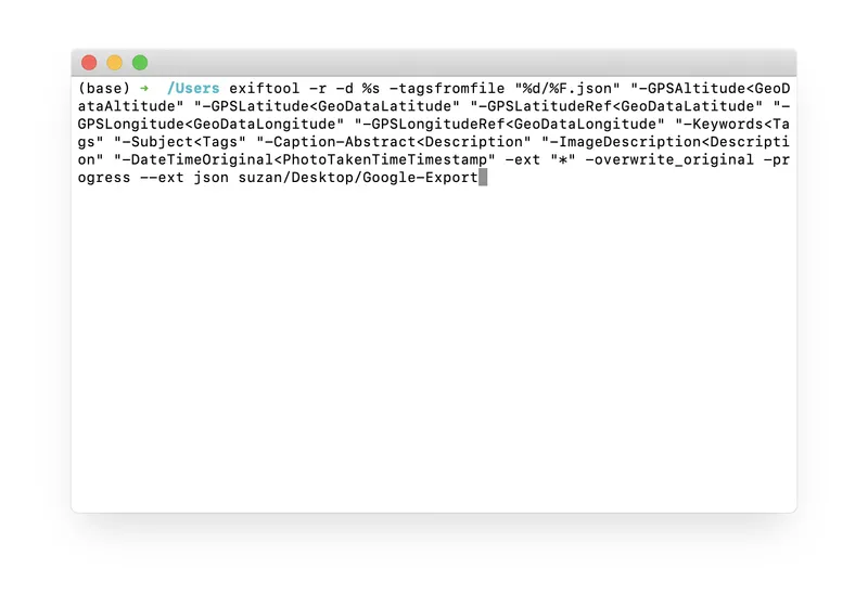 Terminal showing ExifTool command to merge JSON metadata into photos