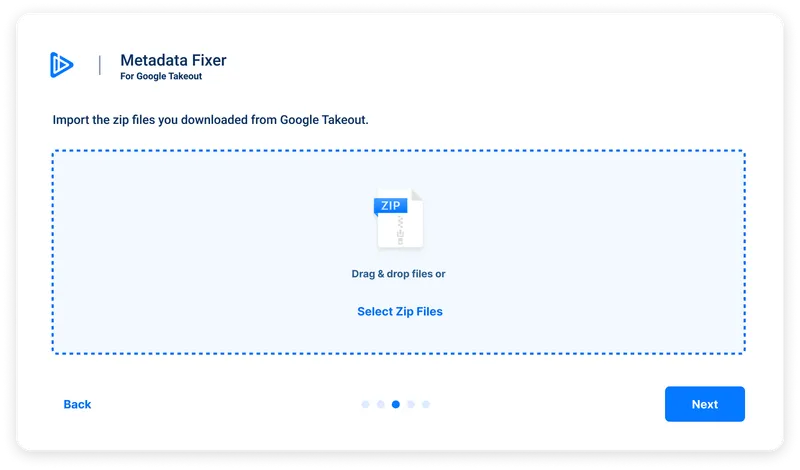 Metadata Fixer app interface for importing Google Takeout zip files