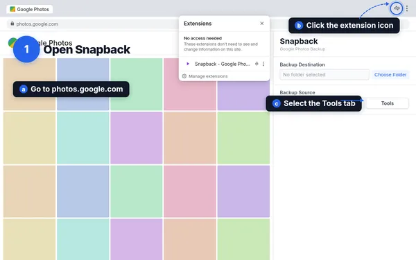 Snapback extension open on Google Photos showing the Tools tab selected