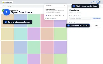 Snapback Erweiterung geöffnet mit dem Tools-Tab ausgewählt