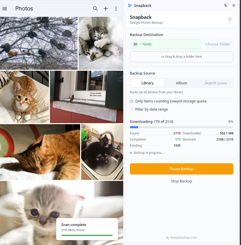 Extension Chrome Snapback téléchargeant 2 110 photos depuis Google Photos, avec barre de progression et commande de pause