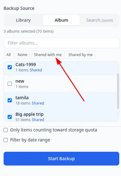 Snapback Album tab showing 'Shared with me' filter button with shared albums selected for download