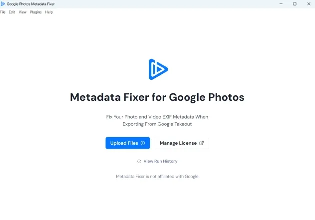 Metadata Fixer for Windows home screen with the Upload Files button