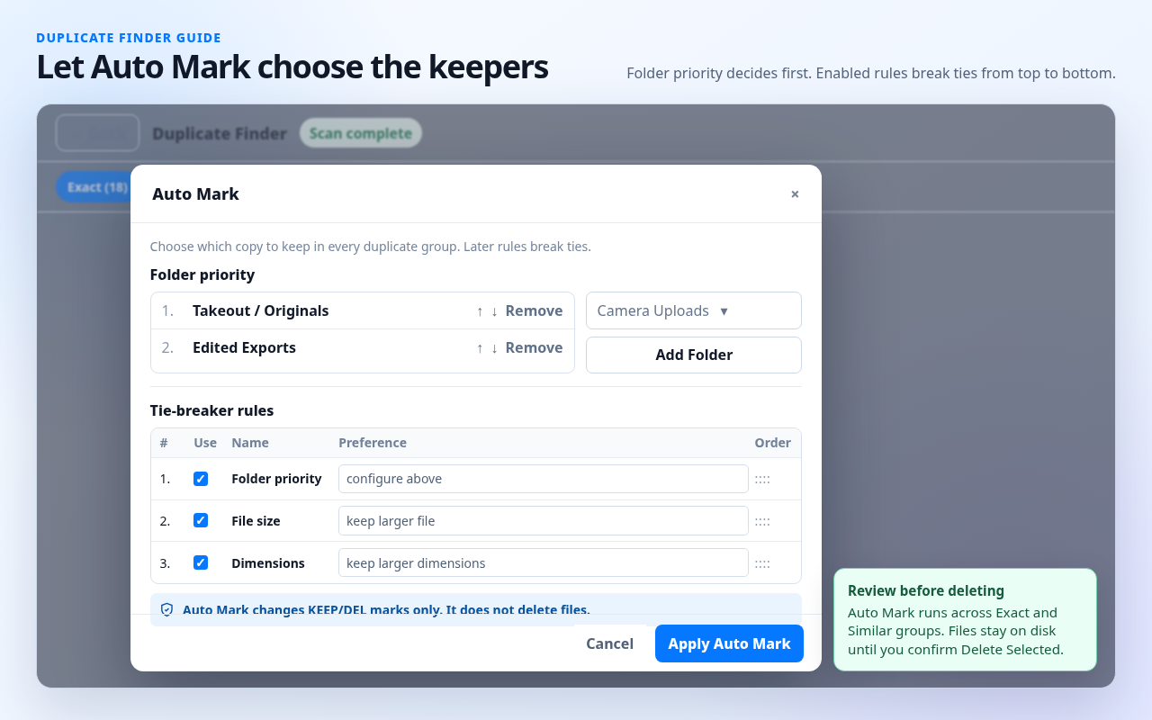 Duplicate Finder Auto Mark dialog with folder priority, tie-breaker rules, and marks-only safety notice