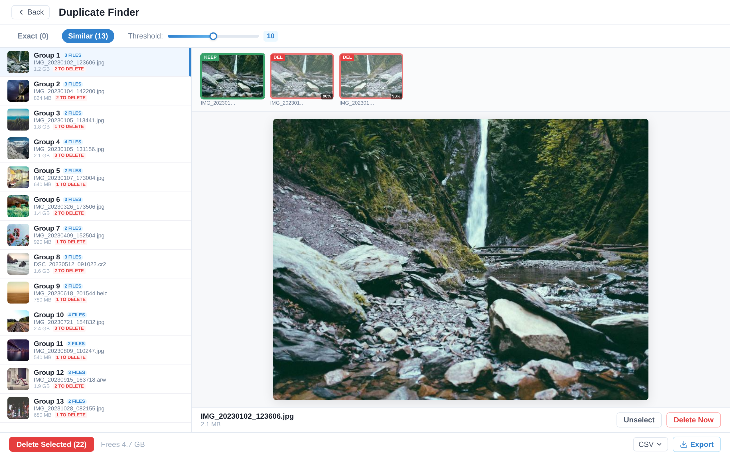 Duplikat-Finder Plugin zeigt Gruppen doppelter Fotos mit Vorschaubildern, Behalten/Löschen-Steuerung und Speicherplatz-Zusammenfassung